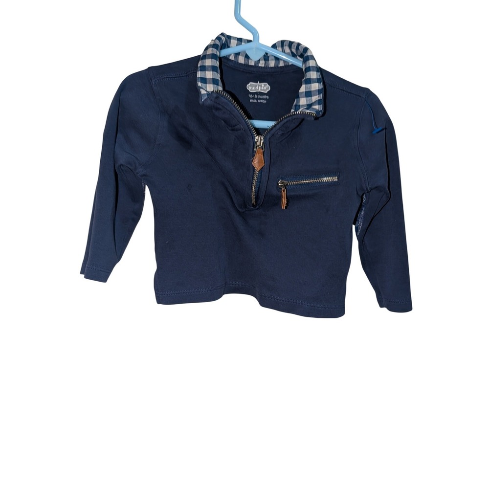 Mud Pie Boys Navy Blue Gingham Quarter Zip Pullover Sweater 12-18 Months